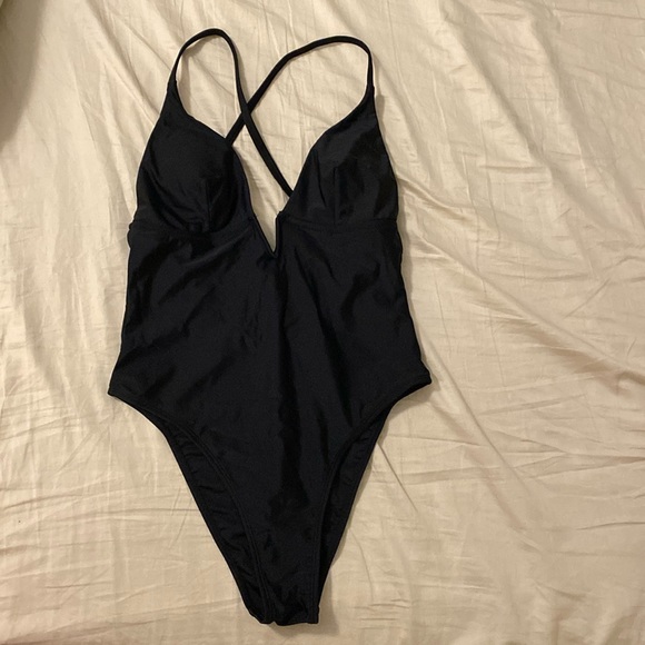 Cupshe Deep v neck one piece swimsuit in black - Picture 1 of 5